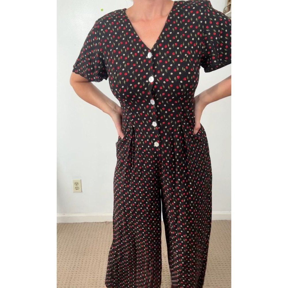 Vintage Ms Choice Womens 10 Romper Jumpsuit 90s Floral Black Red Short Sleeve US